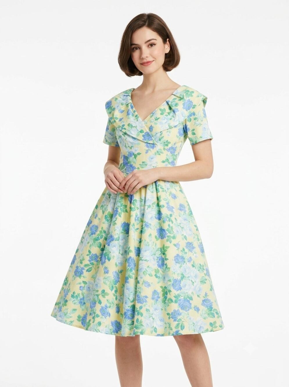 VTG Lanz Originals A-Line Dress Womens 6 Yellow Blue Floral Ruffle Short Sleeve
